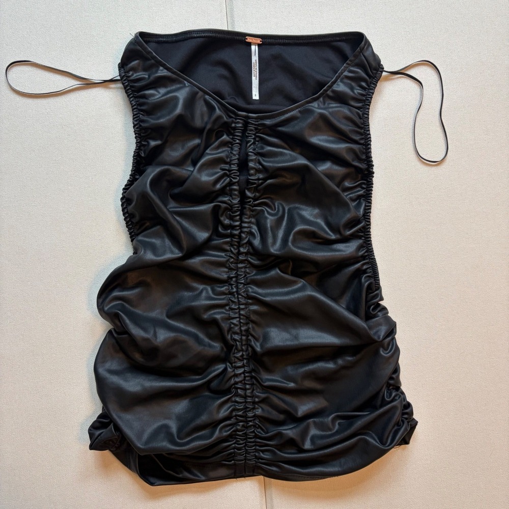 Free People Mini Dress S Black Ruched Faux Leather Cutout Tube OB1515917